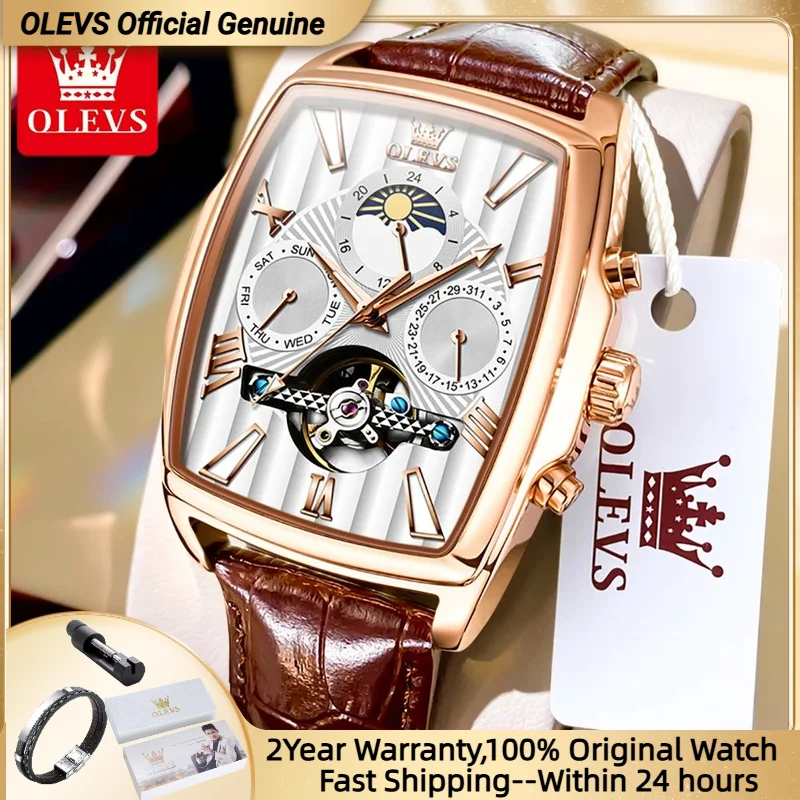 

OLEVS Automatic Men's Watch Original Leather strap Date Square Dial Waterproof Luminous Men's Wristwatch Men's Mechanical Watch