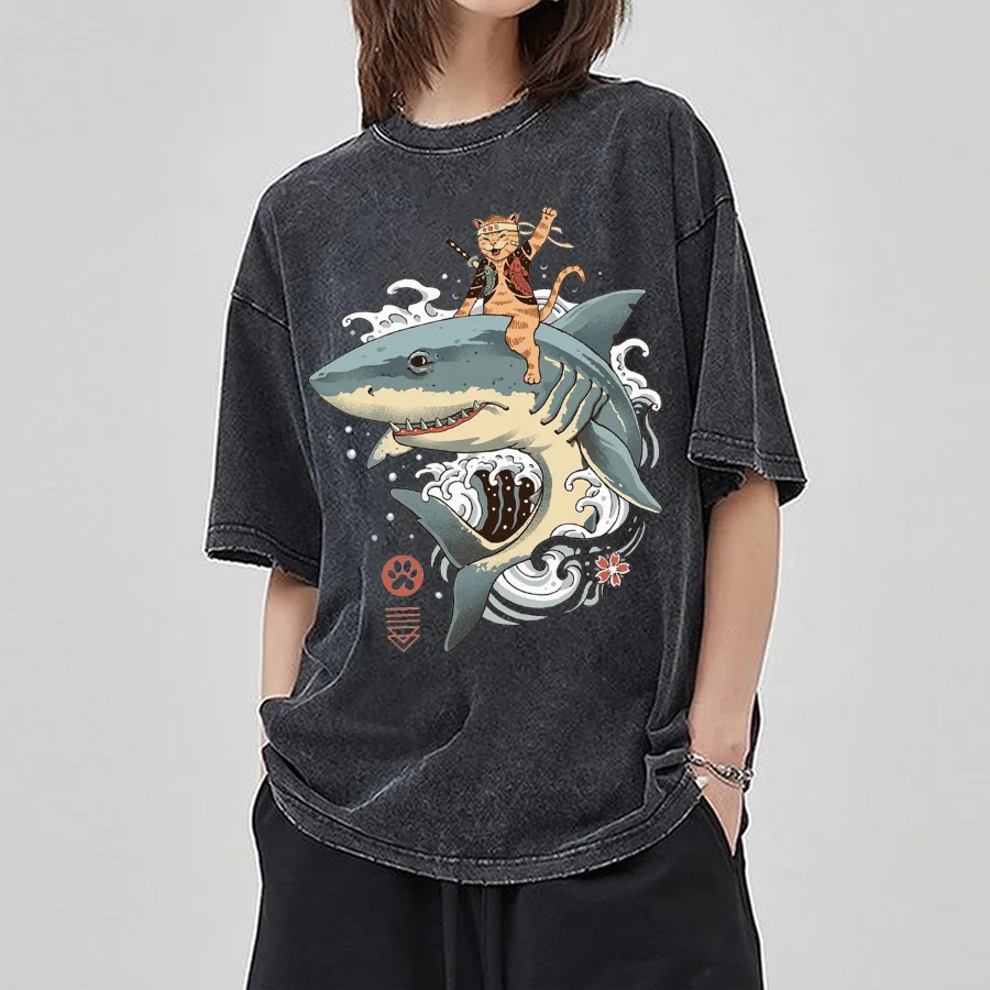 

Japanese Distressed Style Cartoon Shark Print Women T-Shirt Washed Denim Oversized Unisex Half-Sleeved Otaku Cute Top Everyday