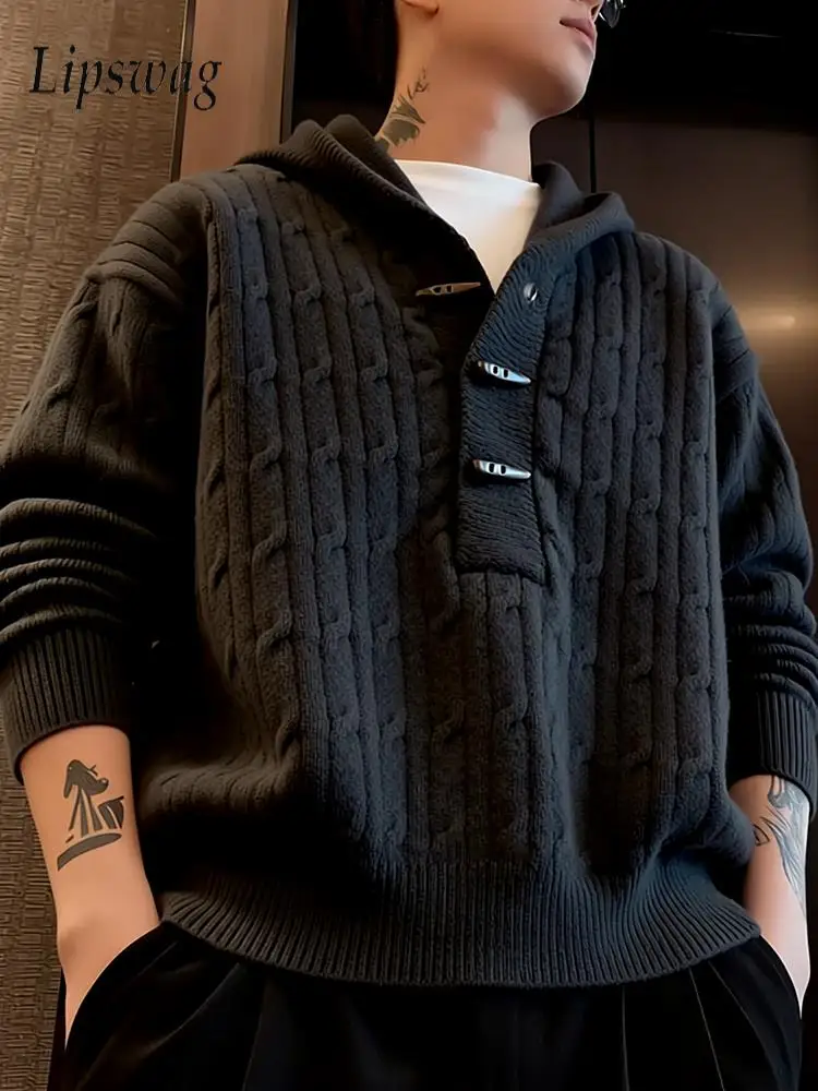 

Vintage Buttoned Hooded Sweaters Men 2026 Spring New Casual Solid Color Knitted Hoodies Mens Clothes Streetwear Stylish Hoodie
