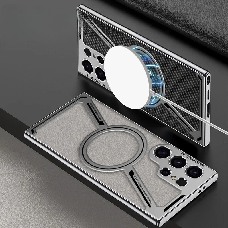 Electroplated Leather for Wireless Charging Magnetic Phone Case for Samsung Galaxy S25 S24 S23 Ultra Protective Back Cover