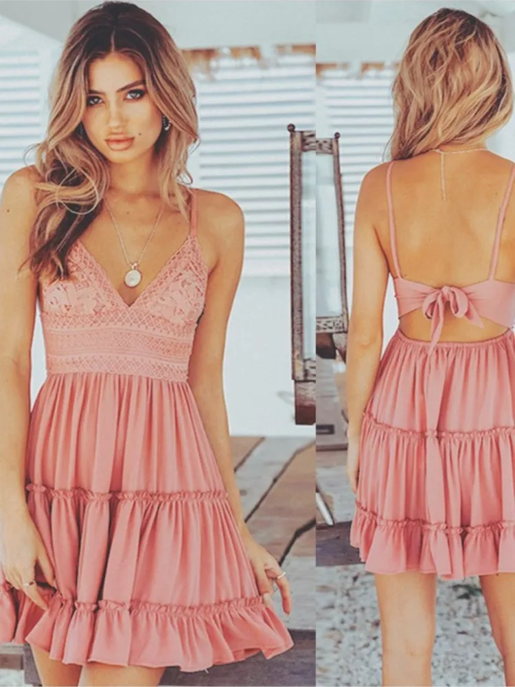 

Lady Sexy Lace Dress Fashion Spaghetti Strap V Neck Sleeveless Mini Dresses For Women Beach Party Skirts Womens Clothing Summer