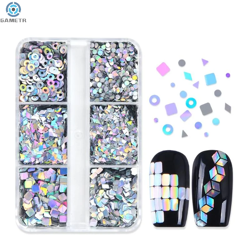 6 グリッドネイルエンハンスメントレーザーネイルグリッターフラッシュ幾何学模様ネイルデコレーションネイルチャーム DIY マニキュアツール