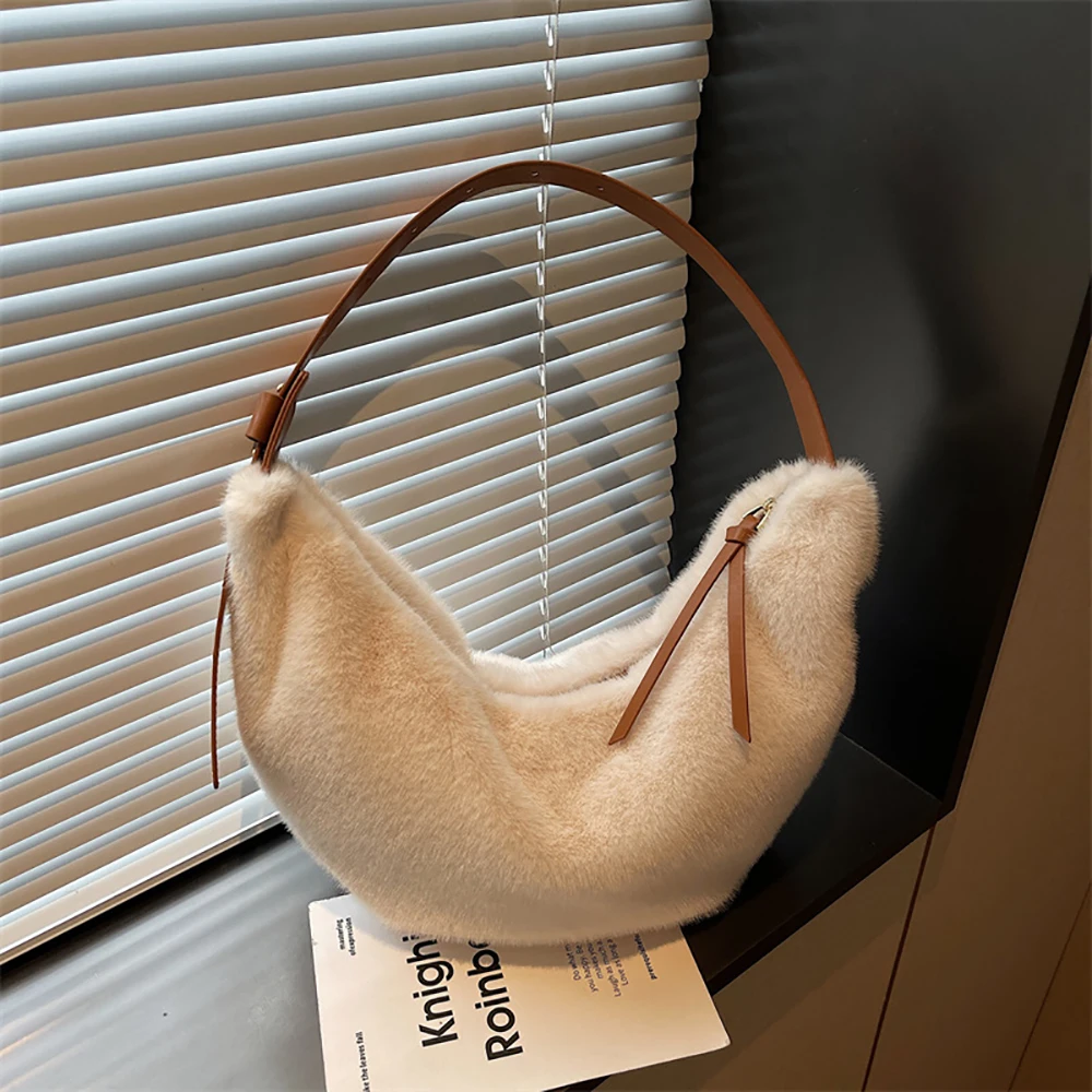 

2025 Autumn Winter New Plush Bag for Women Casual Solid Color Zipper Soft One Shoulder Bags Daily All-Match Underarm Packs