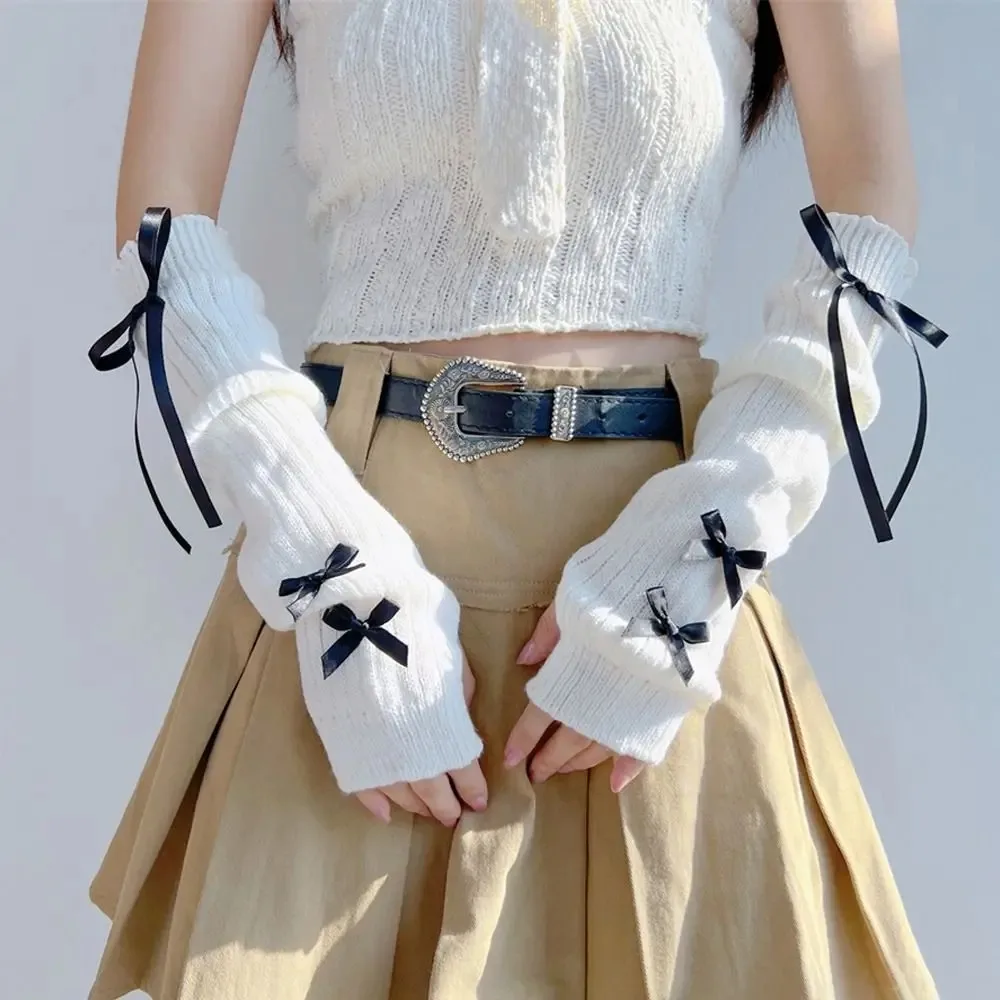 Soft Elastic Knitted Bow Arm Sleeves Y2K Ballet Style Long Wrist Gloves Korean Style Sweet Half Finger Long Gloves JK