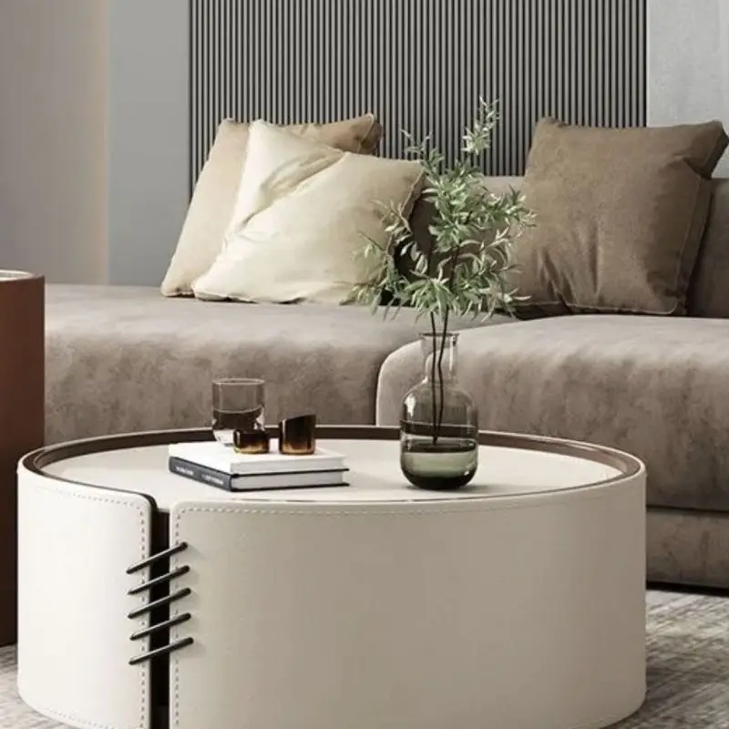 Italian light luxury small apartment rock slab coffee table size round coffee table combination modern simple saddle leather