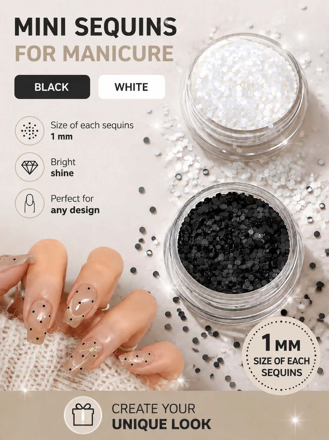 Mini Round Nail Sequins 1mm Black White Polka, Nail Art Charms Manicure Decals DIY Design