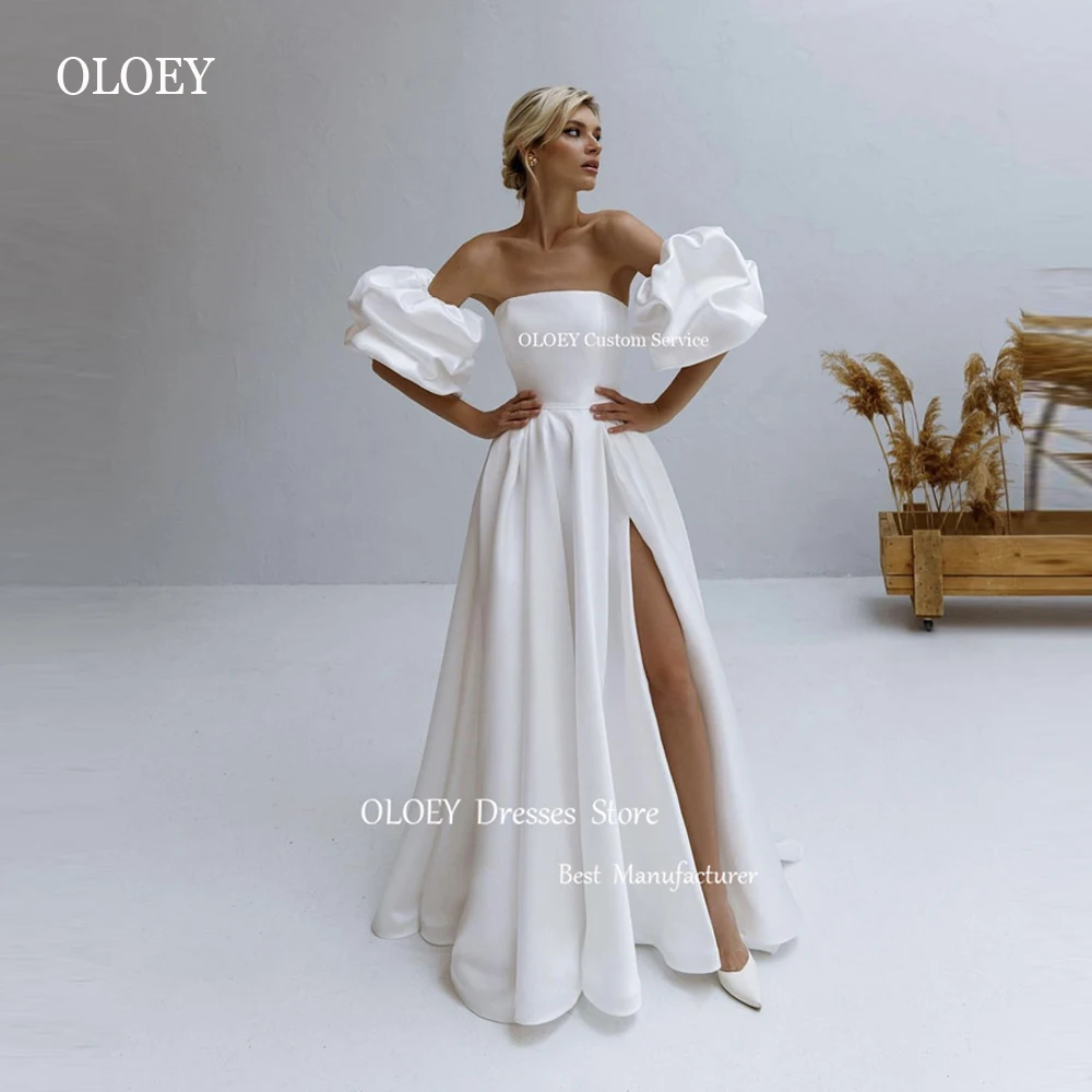 OLOEY Simple A Line Satin Wedding Dresses Puff Short Sleeves Split Floor Length Bridal Gowns Robe de mariage Party Bride Dress