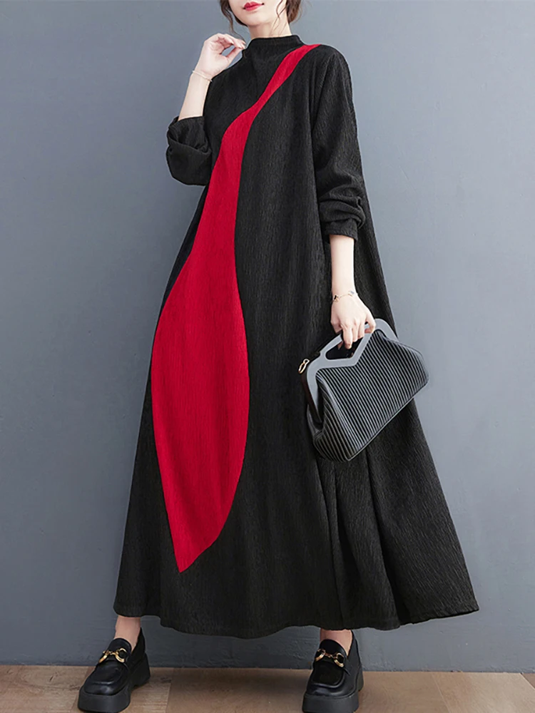 Korean Style Red And Black Patchwork Autumn Woman Long Sleeve Pullover Dress Loose Fit Chic Holiday Casual Large Robe JKXD099