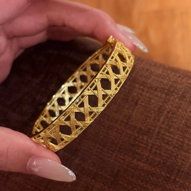 Bellux Gold Plated Hollow Geometric Bangle Ring Set for Women Cubic Zirconia 925 Silver Vintage Jewelry Gift
