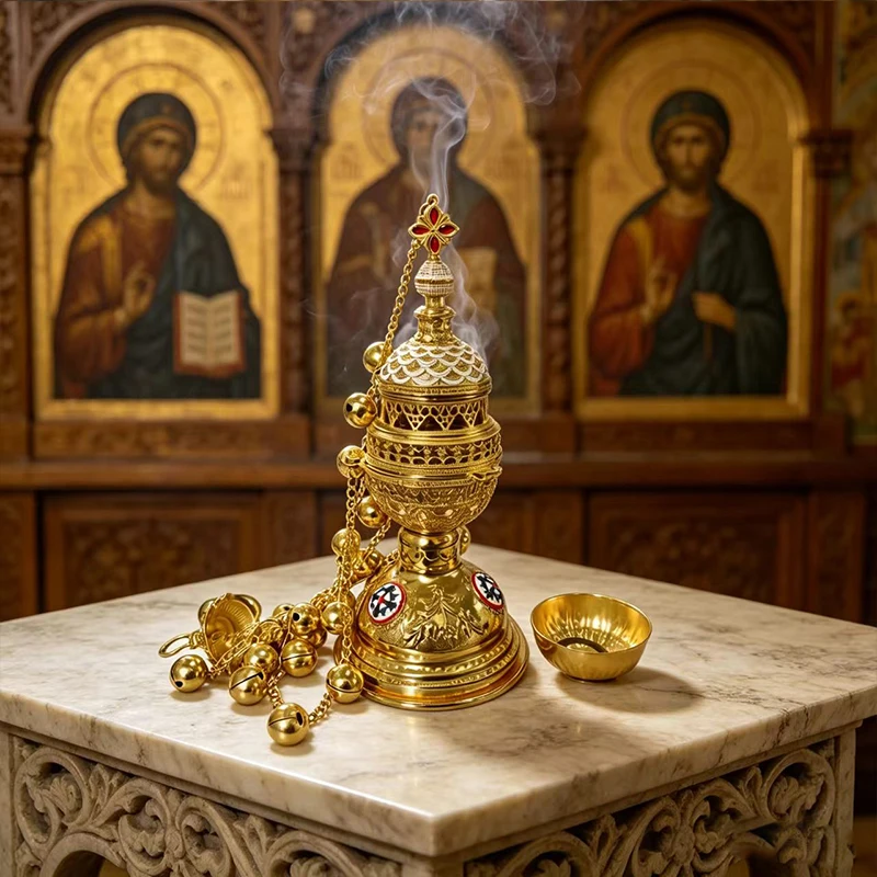 Neu2026 Vergoldeter Katholisch-Orthodoxer Hängender Weihrauchbrenner 32cm 4 Glocken Emaille für Kirchenliturgie Heimaltar Gebetsgeschenk Dekoration – Detail 3