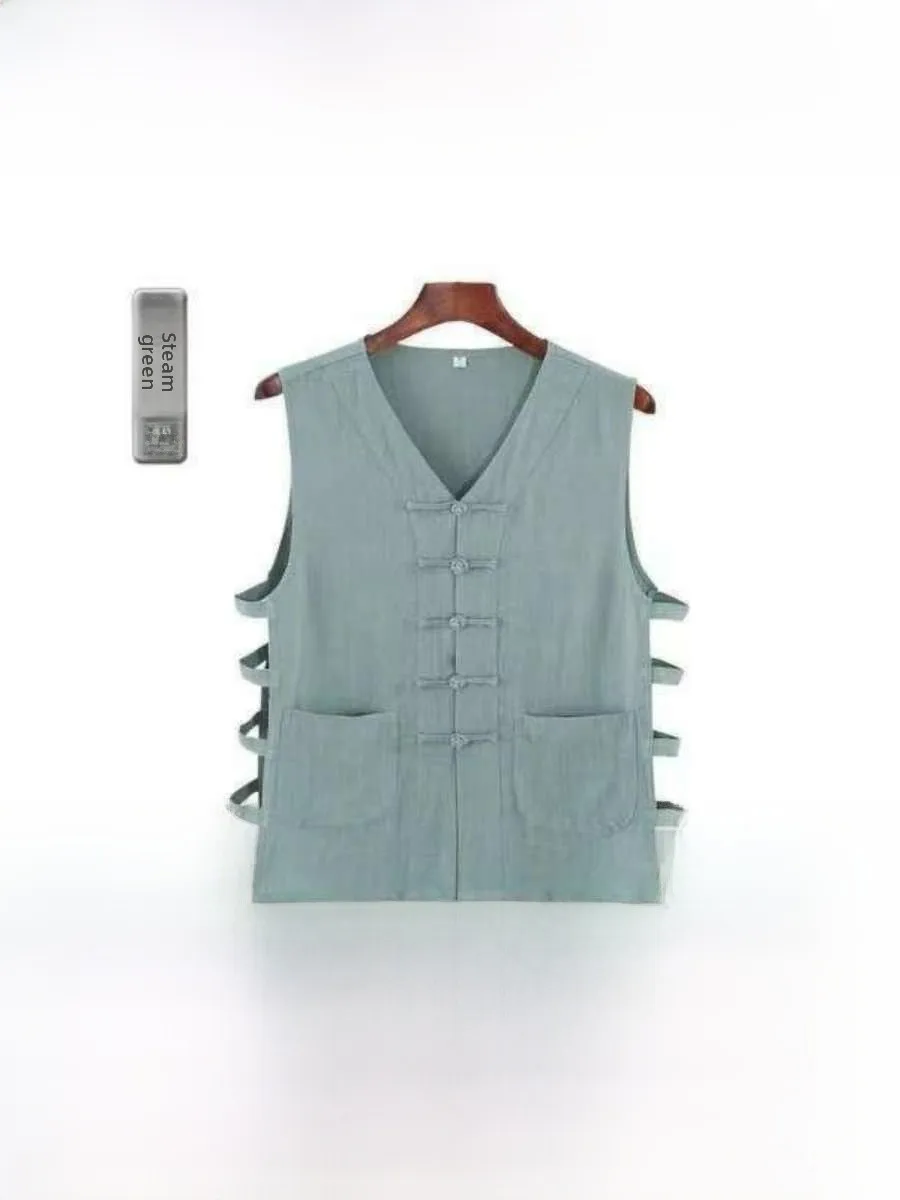 

Men's Linen Sle Tang Suit Vest with Button Hollow out Design Retro Collar irt Suitable for Spring And Autumn Seasons