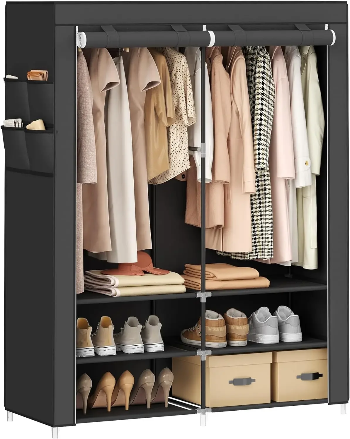 

%a Portable Closet Wardrobe with Shoe Rack and Cover, Closet Storage Organizer, 2 Hanging Rods, Shelves, and 4 Side Pocket