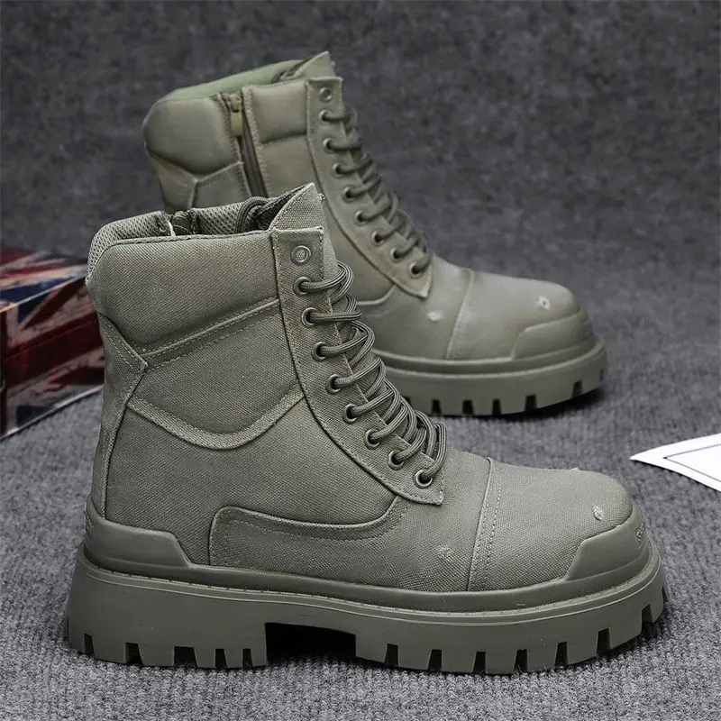 2024 New Men's Side Zipper Canvas Tooling Retro Wasteland Wind Thick-soled Locomotive Boots