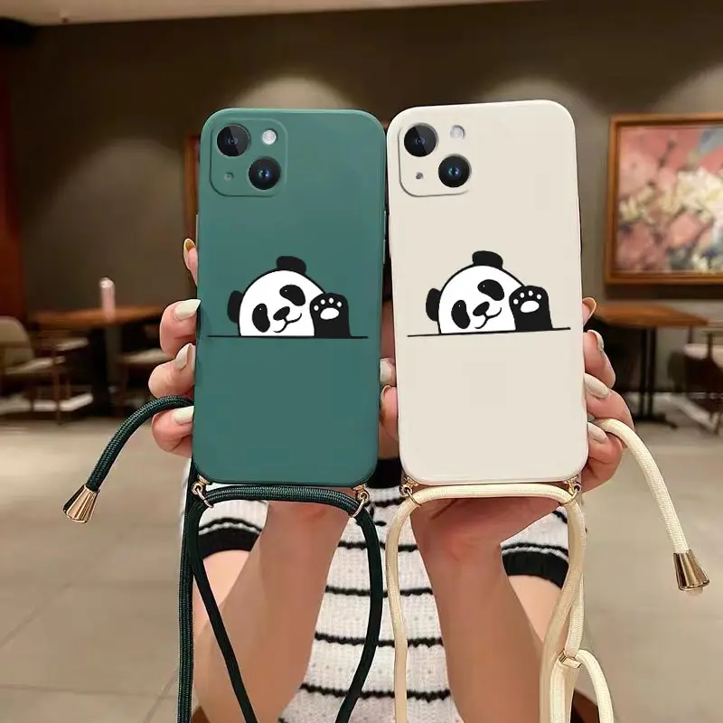 Cute Panda Label Crossbody Lanyard Silicone Phone Case For iPhone 13 12 15 14 11 Pro Max Mini XSMax XR XS X 8 7 6S 6 Plus Cover