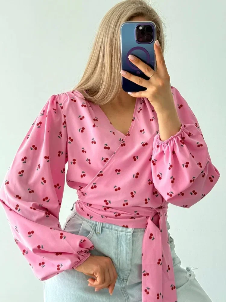 

Polka Dot Long Sleeve V-neck Shirt Fashion Women Off shoulder office lady commute Shirts See Through 2026 Lady Chic Blouse
