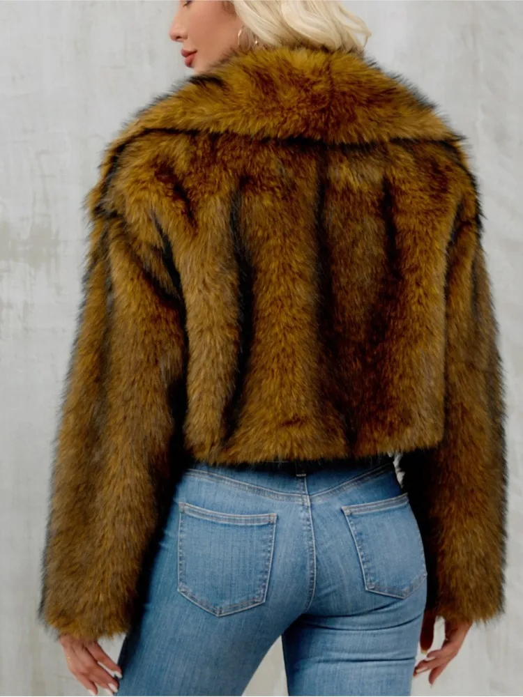 Abrigo de piel sintética degradado de invierno para mujer, chaqueta de piel Artificial corta gruesa con cuello de solapa para mujer, abrigo elegante de piel sintética para mujer