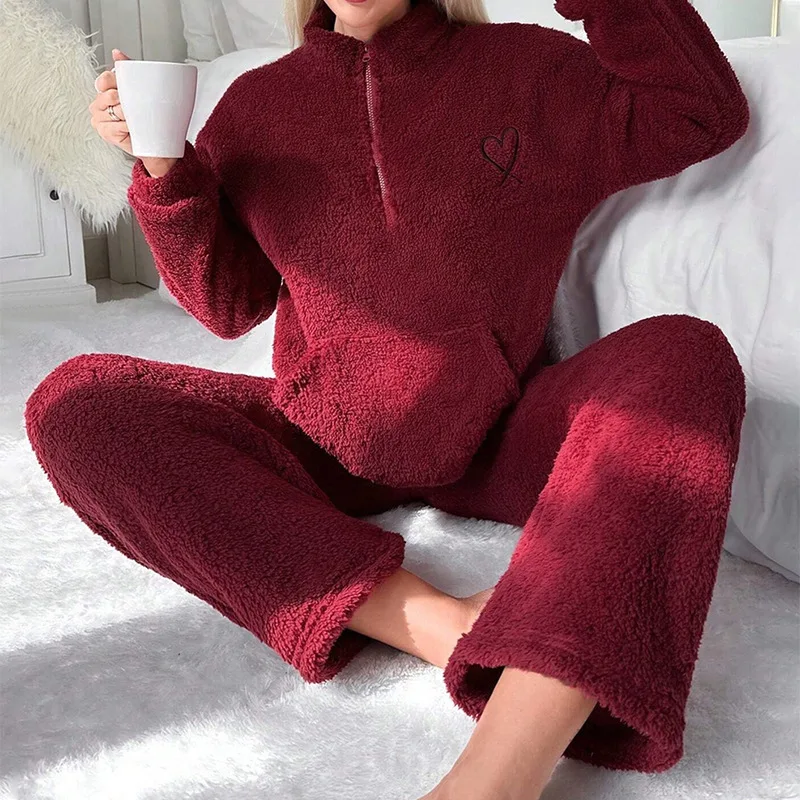 

Autumn/Winter Lady's Loungewear Mock Neck Zip Up pajamas Sets with Love Embroidery Lapel Collar Casual Homewear 2pcs