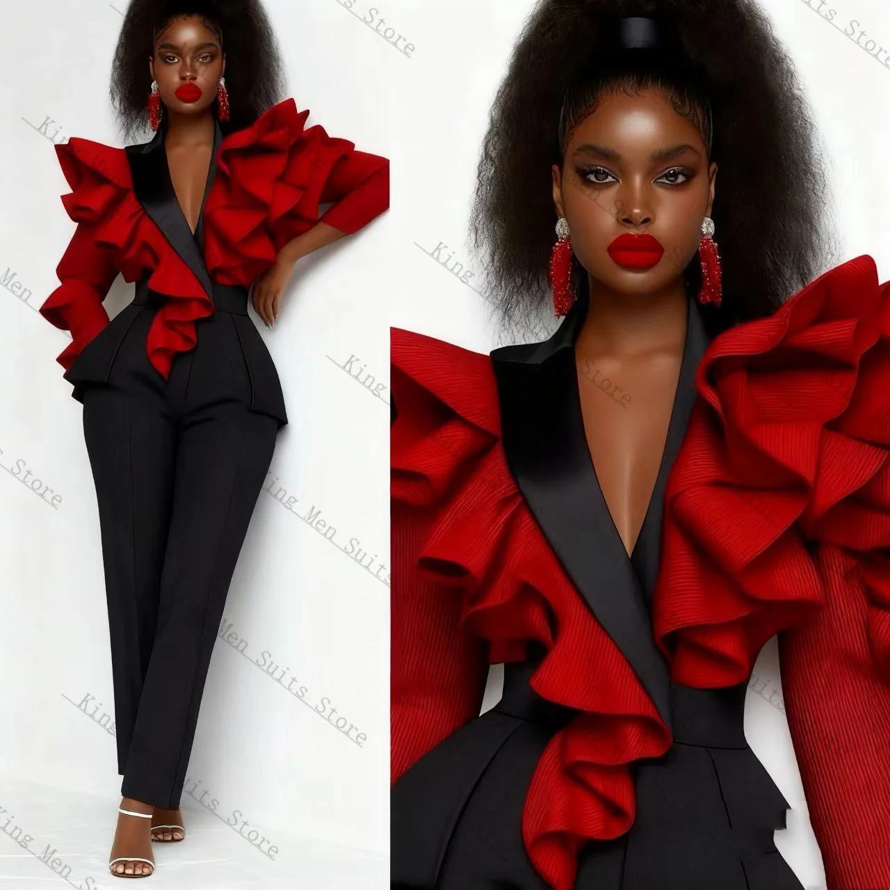 Abito da donna rosso nero Set 2 pezzi Blazer + pantaloni Pantaloni con volant Spalla Giacca da smoking da matrimonio formale personalizzata per ospiti