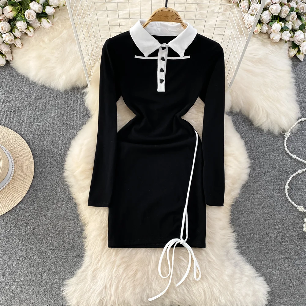 Foamlina Spring Fashion Women Color Match Turn down Collar Long Sleeve Buttons Cut out  Front Lace-up Stretch Mini Bodycon Dress