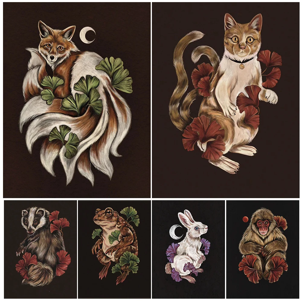 العلجوم والأرنب والغراب والقرد والأوراق مجردة جدار الفن قماش طباعة تسعة الذيل الثعلب Mysteriou الحيوان ملصق فني طباعة ديكور المنزل #1