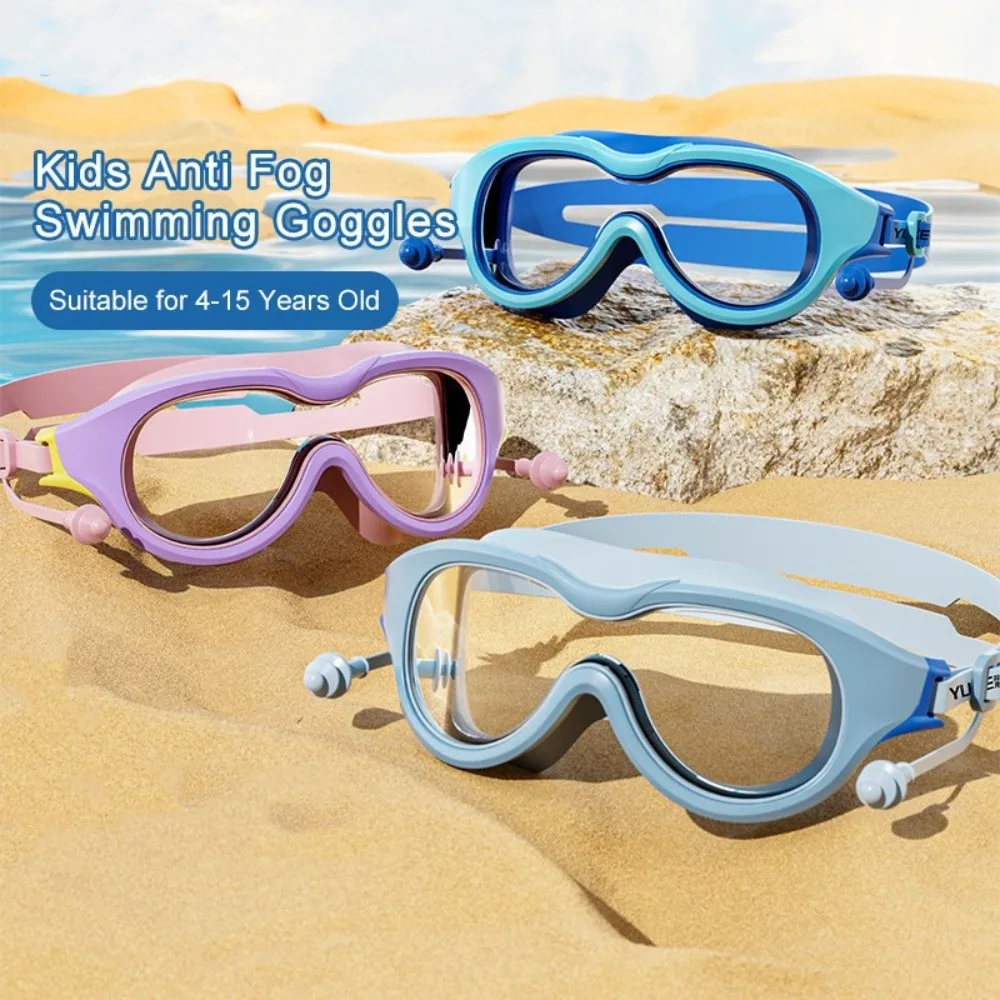 Unisex Large Frame Swim Goggles with Ear Plug PC Glass Swimming Goggles Wide View Anti Fog Diving Goggles Set Youth