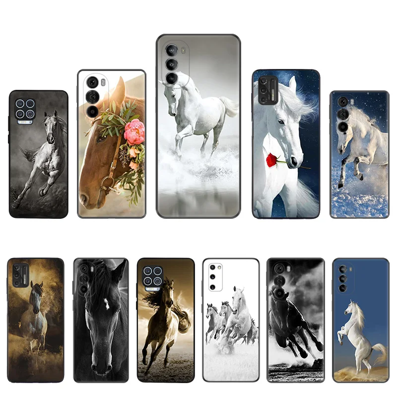 Black Soft Phone Case for Motorola G32 G50 G51 5G G60 G71 G22 G52 G72 G53 G73 G60S Moto G9 Plus Black White Horse Floral Cover