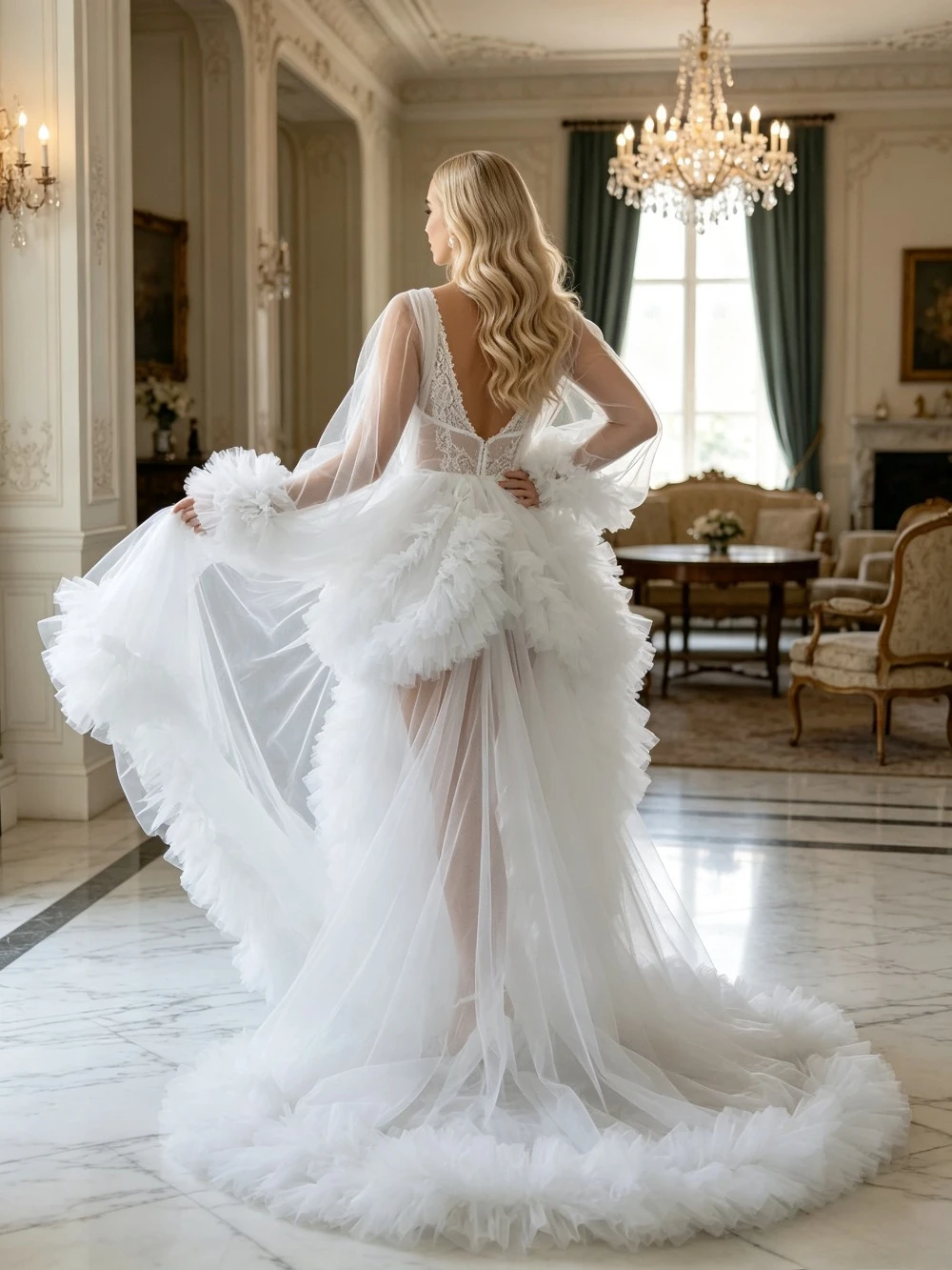 Customized Bridal Tulle Robe V Neck Lace Camisole Ruffled High Low Train Photo Shoot Dressing Gown for Wedding Boudoir 2026
