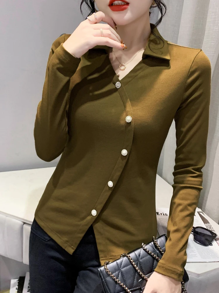 Faionable colarinho base irt feminino primavera outono longo sve assimétrico design camiseta coreano sle commute vento