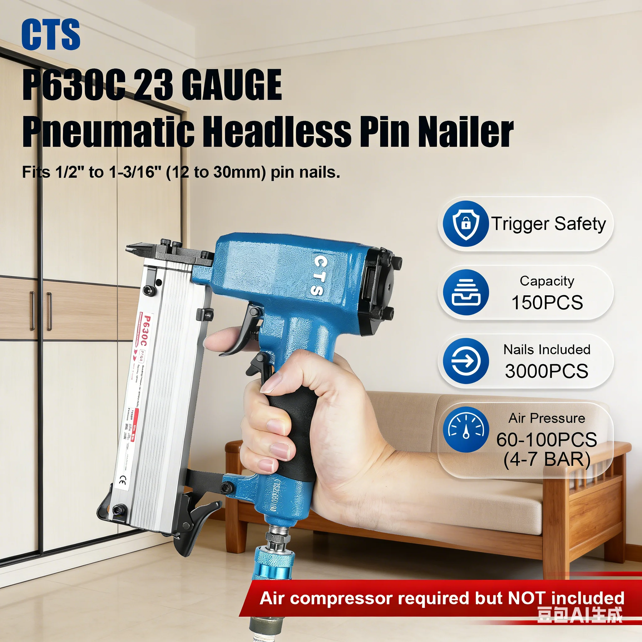 CTS P630 Pneumatic 23 Gauge Pin Nailer 10-30mm Indoor Decoration Small Pneumatic Tools