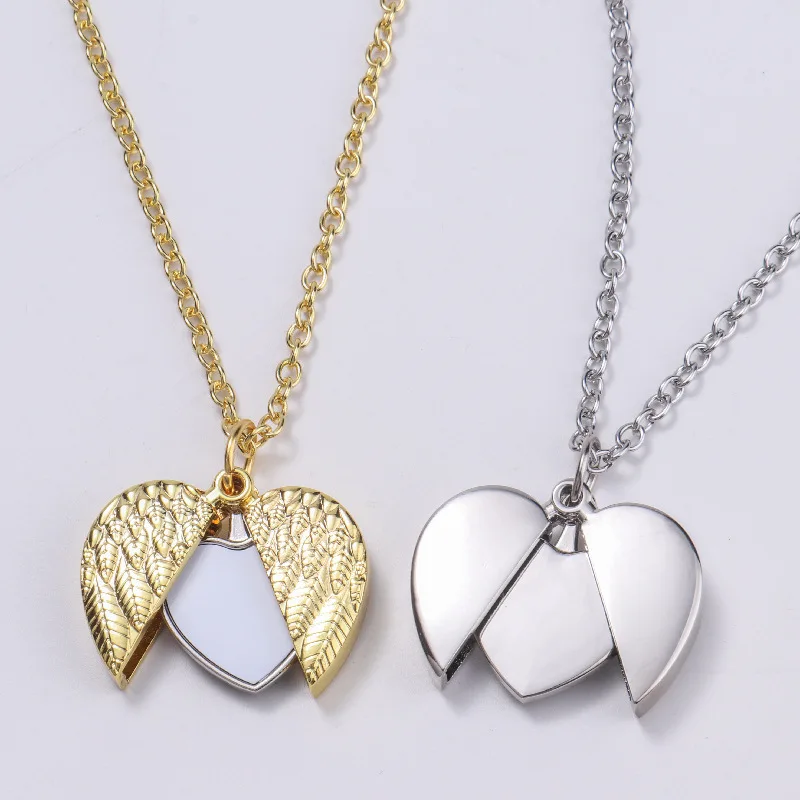 Fashion Necklaces With Angel Wing Heart Pendants Sublimation Blank Necklaces Creative Gifts For Transfer Print Phone Name