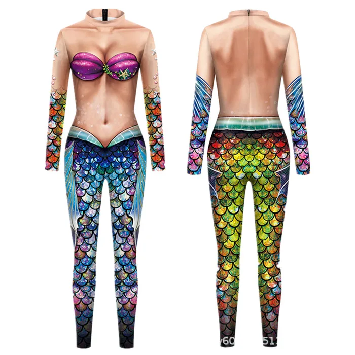 Erwachsenen-Jumpsuit mit Fischschuppen-Druck, Meerjungfrauen-Cosplay-Bodysuit, Kostüm für Halloween-Party, Rollenspiel, Karneval, Digitaldruck-Outfit – Detail 9
