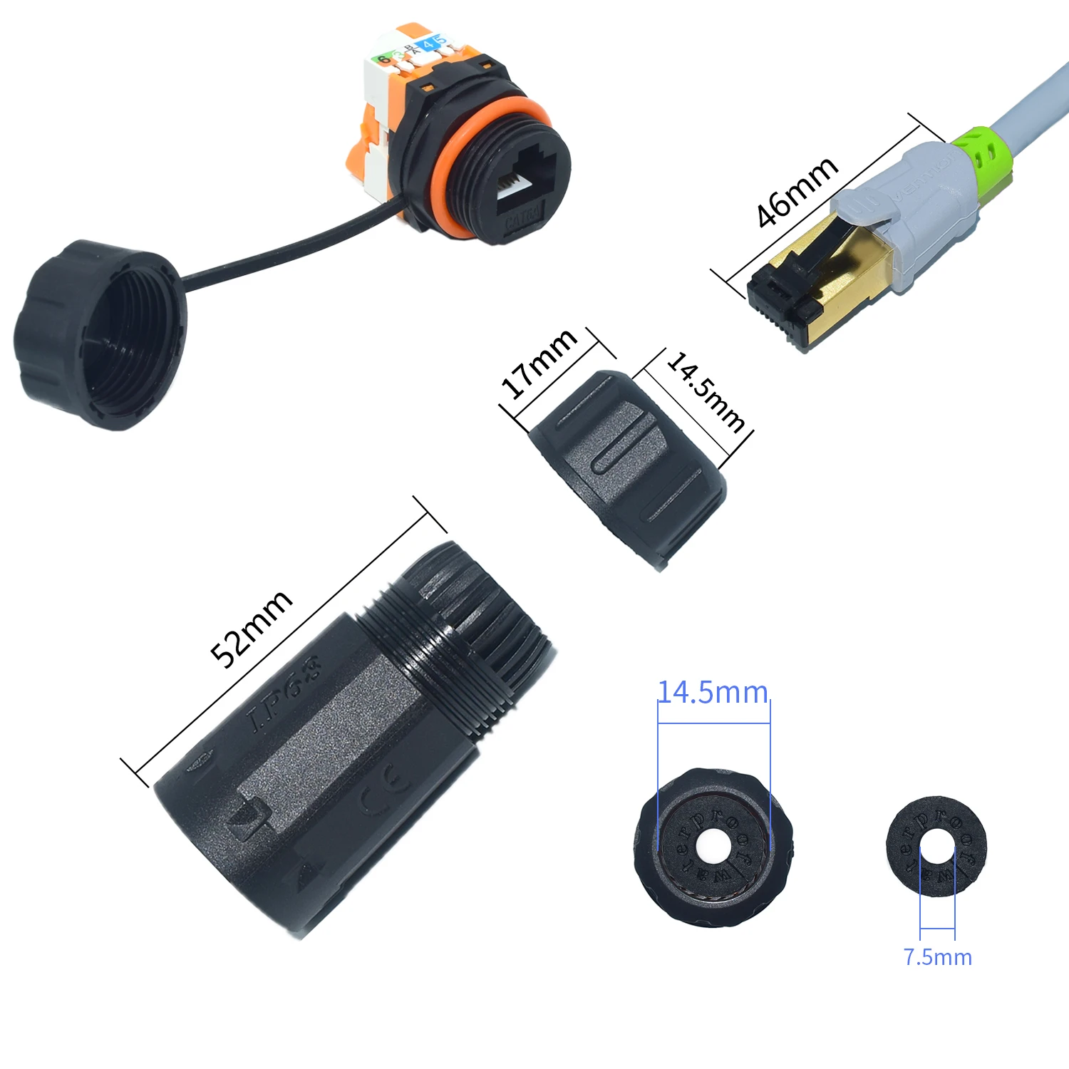 IP68 Toolless CAT6 RJ45 Circular Industrial Plug, Outdoor Waterproof POE Camera Ethernet Extender, Fits Cable OD 4.5-7.5mm