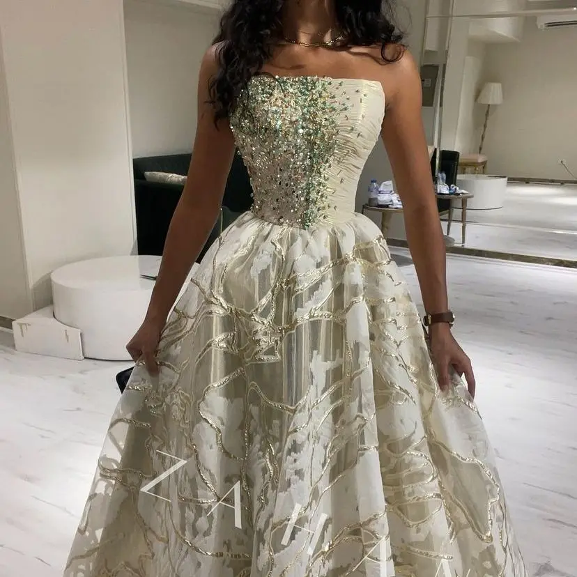 A-Line Strapless Beadings Evening Dresses vestidos de gala Beaded Sleeveless Floor Length Prom Dresses Saudi Arabia Customized