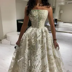 A-Line Strapless Beadings Evening Dresses vestidos de gala Beaded Sleeveless Floor Length Prom Dresses Saudi Arabia Customized