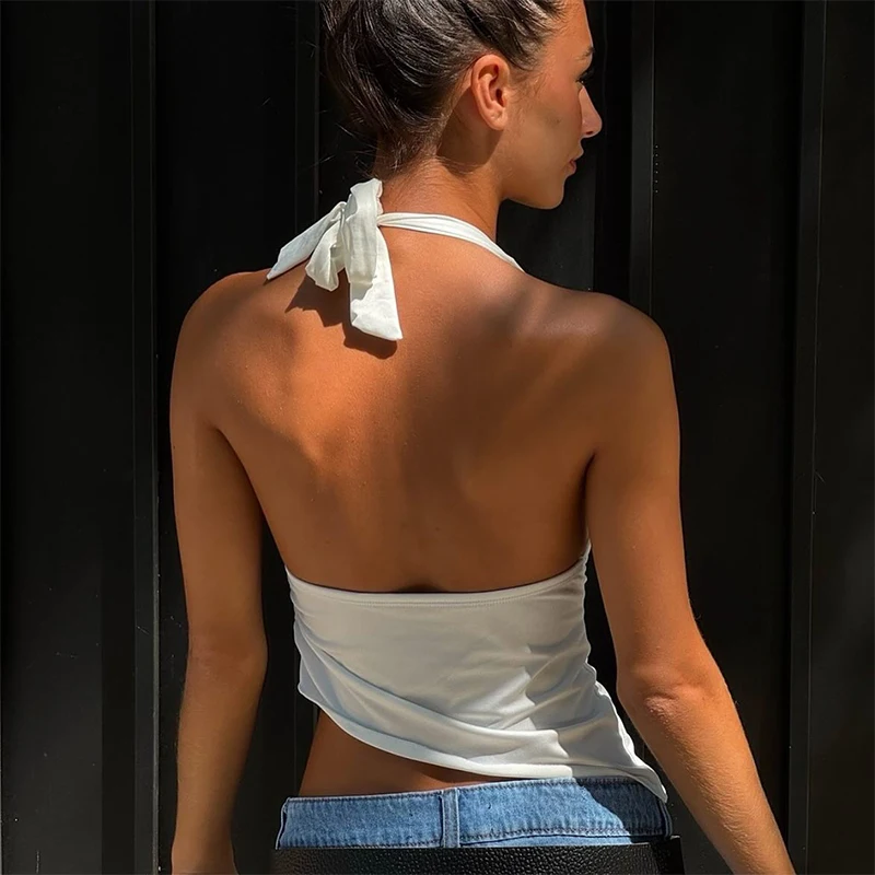 WhereMery Casual Solid V-neck Halter Crop Tops Elegant Sleeveless Slim Summer Camisole Formal Streetwear Women Daily Sporty Vest image 6