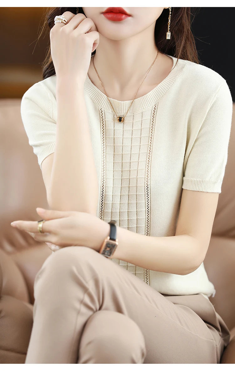 Women's T-Shirt Summer New 100% Cotton Pullover Short Sleeve Casual Solid Color Knit Crew Neck Ladies Tops Tees Blouse