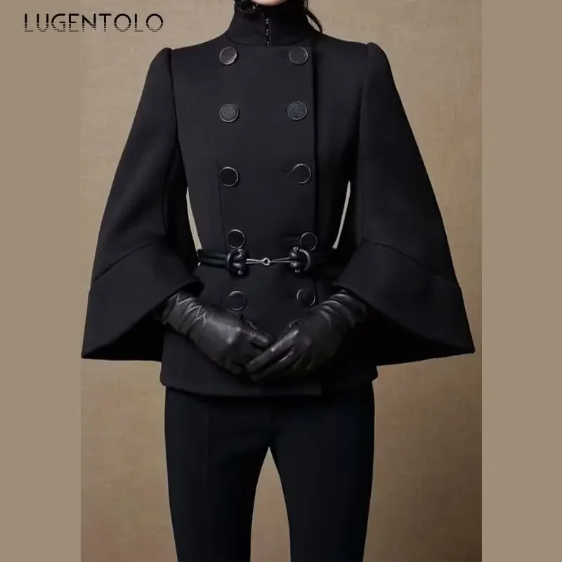 Women Fashion Jacket Fall/Winter 2024 New Black Oversized Bell Sleeves Double-breasted High Neck Elegant Thermal Coats (No Belt)