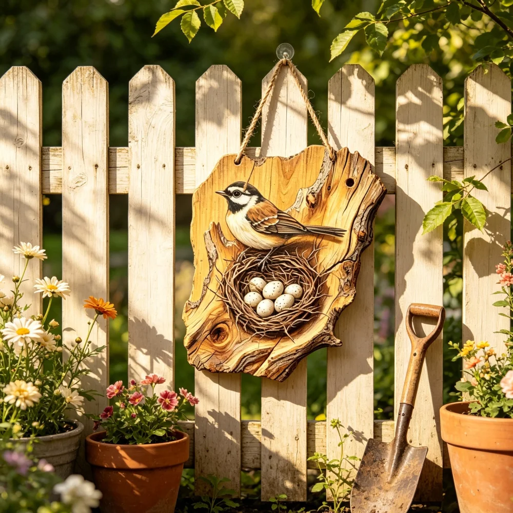 Rustic Boxwood Bird Wall Hanging Sign, 2D Printed Bird With Nest Wooden Wall Plaque, Farmhouse Decor Gift for Bird Lovers, 6.7 × 8inch， 5mm Thick