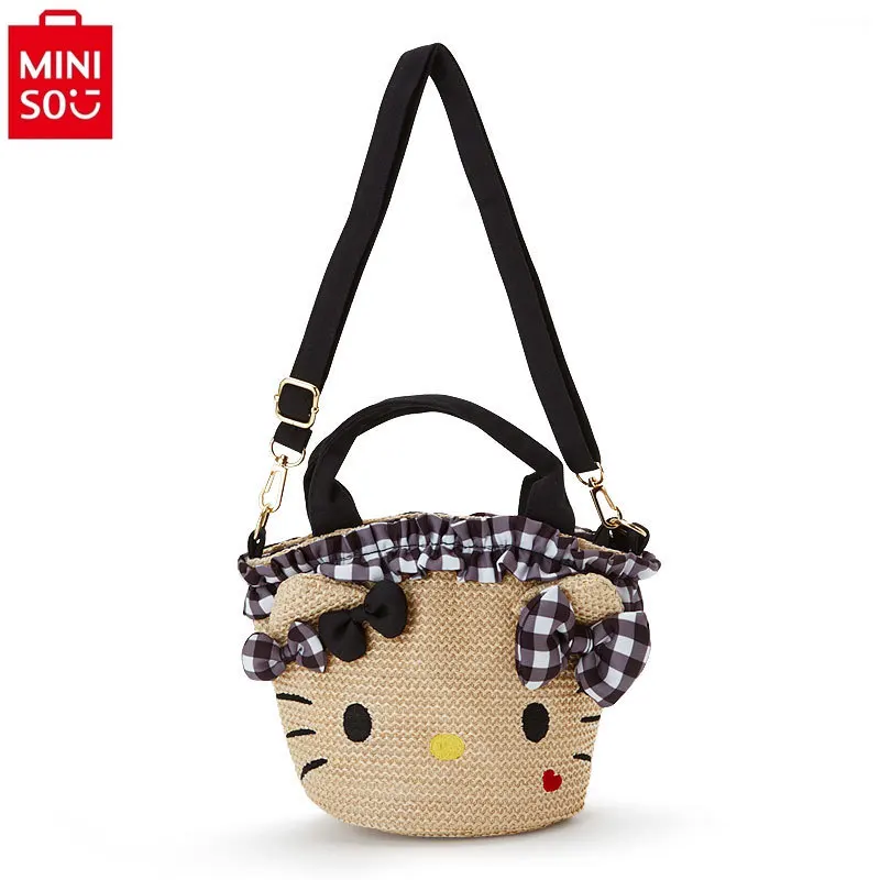 

MINISO Hello Kitty Cartoon Side Back Fashion Crossbody Bag for Students Sweet and Versatile Grass Weaving Travel Phone Bag