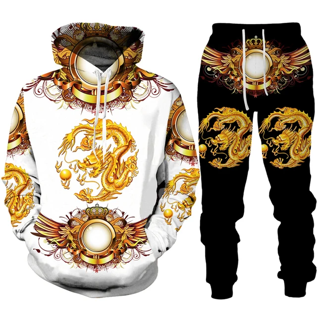 Men's Hoodie Pants Suit Leopard Golden Pattern Sportswear Set 3D Print Women Fashion Tracksuit Jogging Clothes For Men Clothing