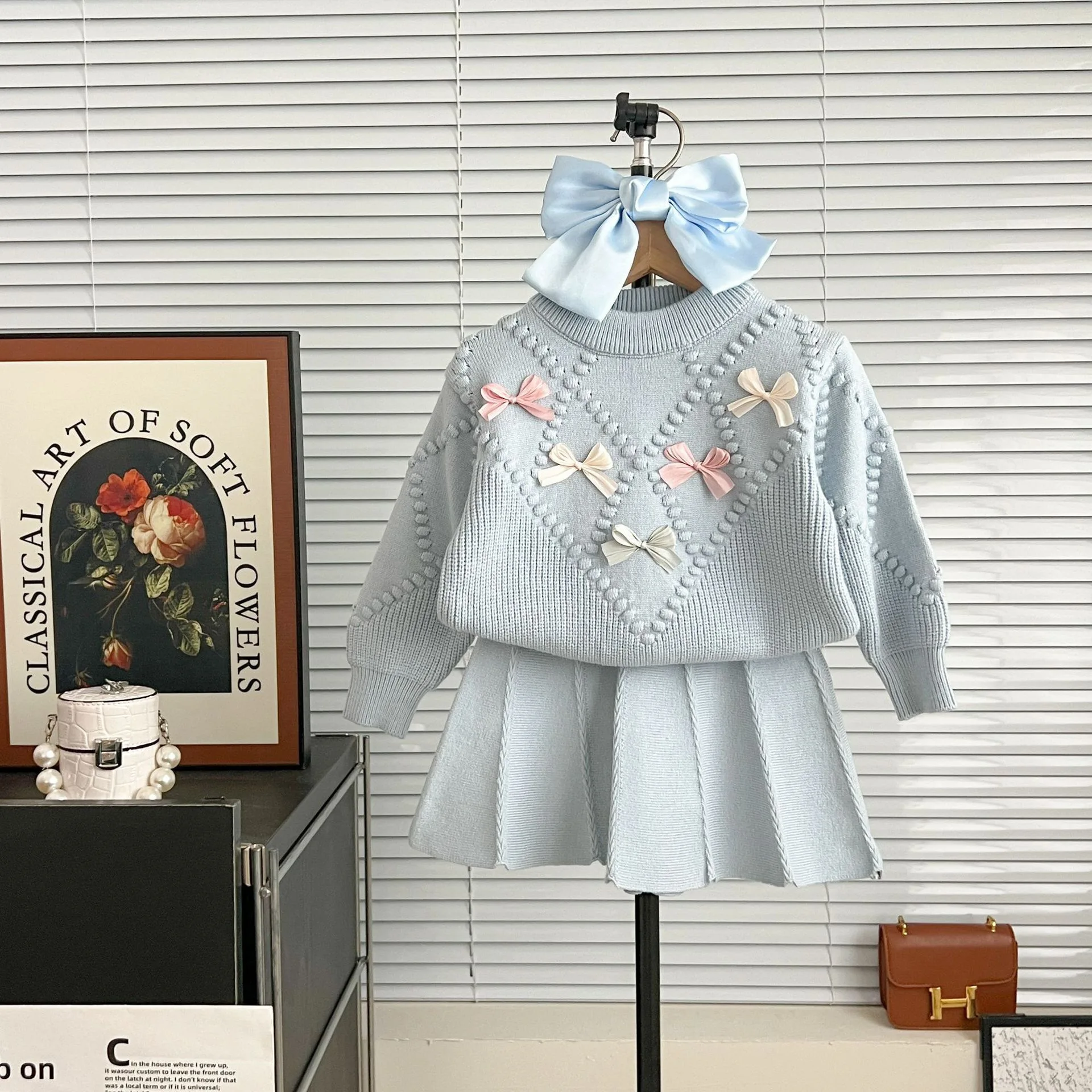 2025 Fall Winter Baby Girls Knit Sets Korean Style 3D Crochet Bow Knitted Tops + Skirt Outfit Toddler Sweater Dress 2-8 Years​