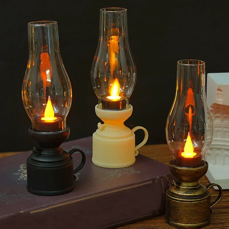 1PC Retro Flameless Candle Holder Candlestick Vintage Decor Kerosene Lamp with Button Battery For Party Home Wedding Decoration