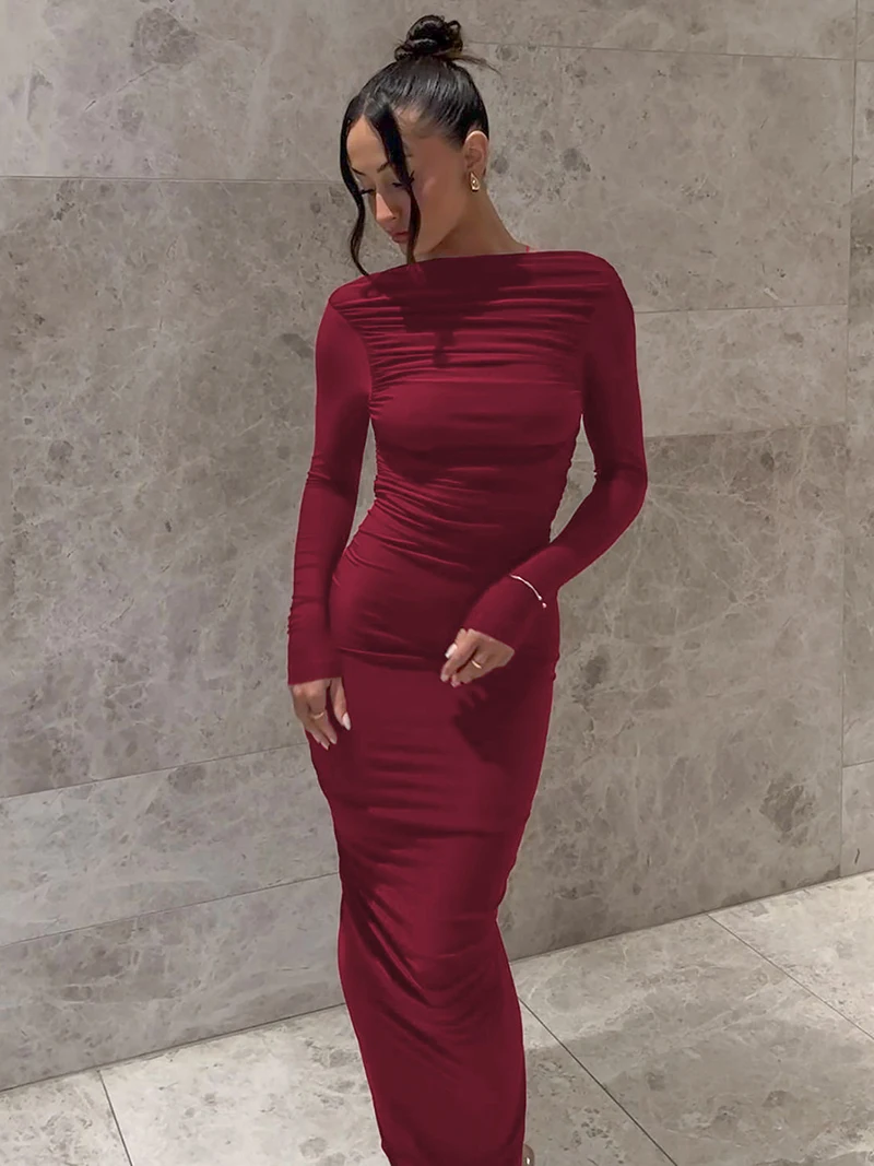 DGLUKE Elegant Backless Evening Dress Woman Winter Long Sleeve Maxi Dress Sexy Ruched Bodycon Mermaid Party Dresses Burgundy