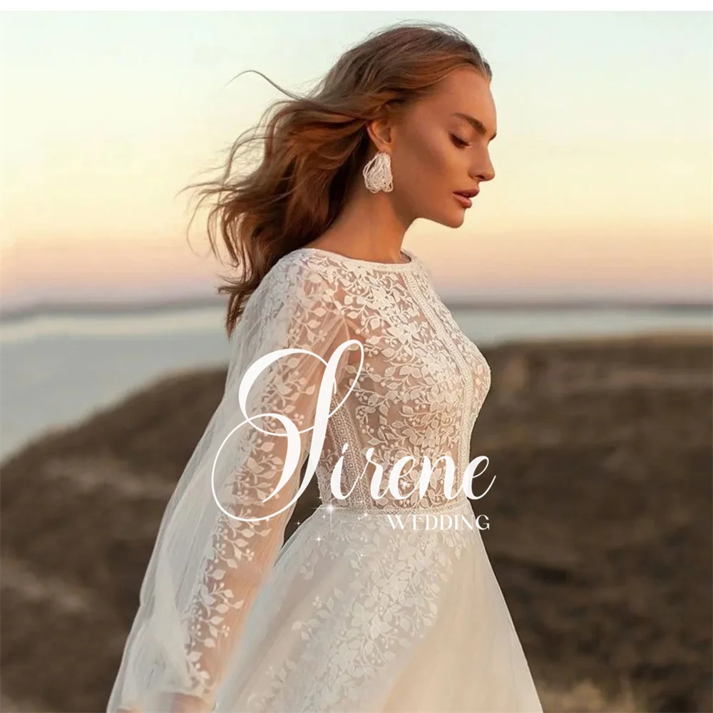 Sirene Appliques di pizzo scollo tondo maniche lunghe A sbuffo abiti da sposa Tulle A Line bottone posteriore abiti da sposa 2024 Vestido De Novia