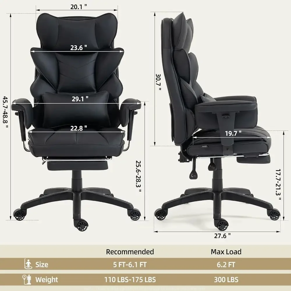 Ergonomic High-Back Office Chair with Spring Cushion, Adjustable Armrests, Lumbar Support, and Footrest - Black Leather
