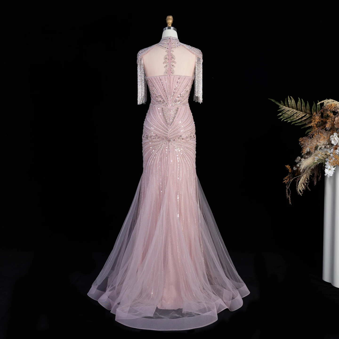 Sharon Said Arabisches Rosa Sweetheart Langes Meerjungfrauen-Abendkleid mit Cape-Quaste für Damen Hochzeitsfeier-Kleider SS190 Maßanfertigung – Detail 11