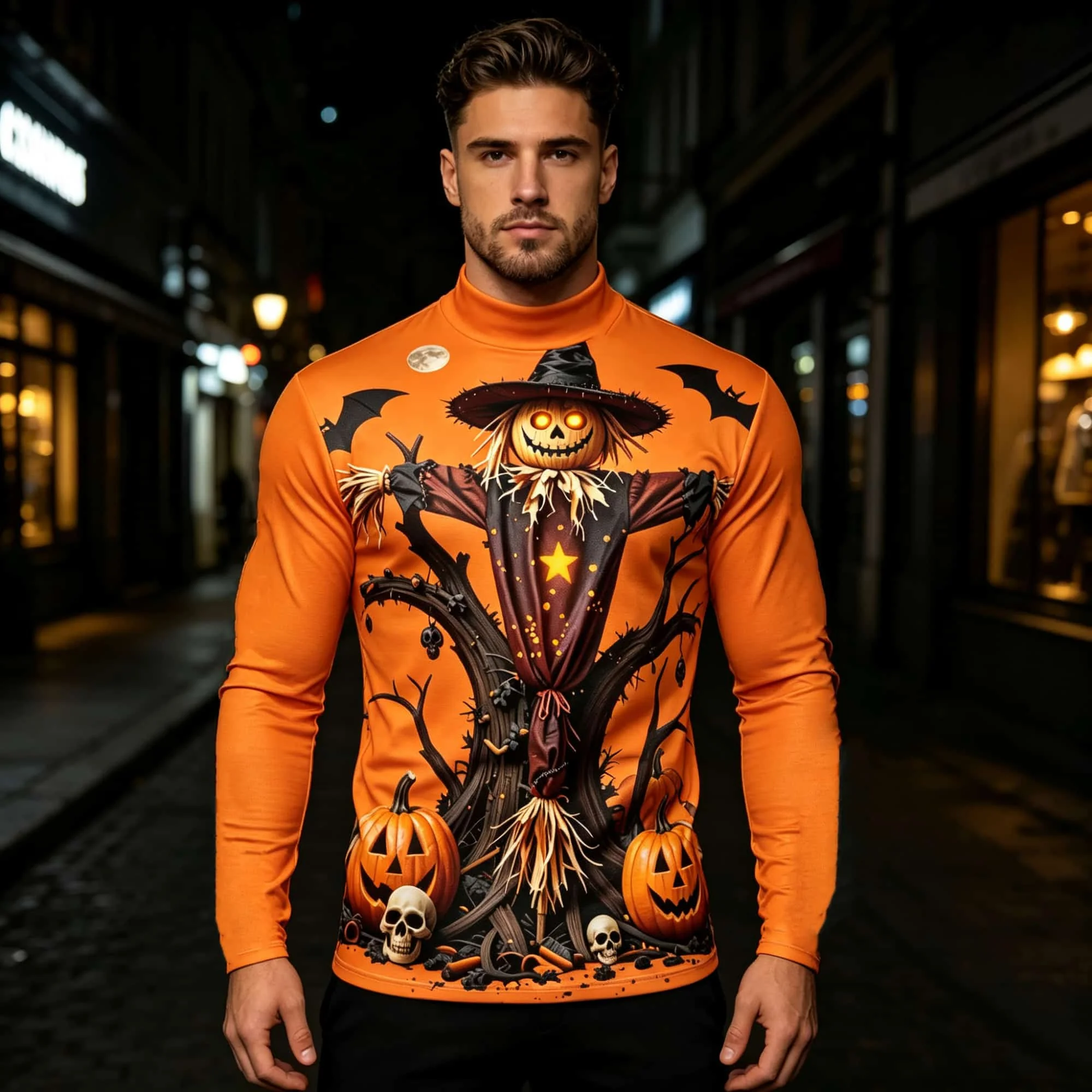 T-shirt de compression pour hommes, col demi-haut, manches longues, imprimé 3D épouvantail pour Halloween, respirant, pour l'entraînement.