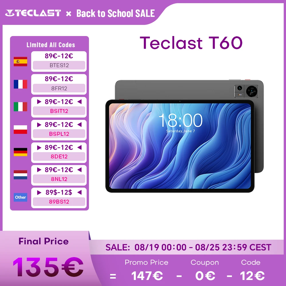 Teclast T60 12 Inch Tablet 8GB RAM 256GB ROM Android 13 2000x1200 UNISOC T616 Octa Core 4G Network Wifi 18W PD Fast 8000mAh