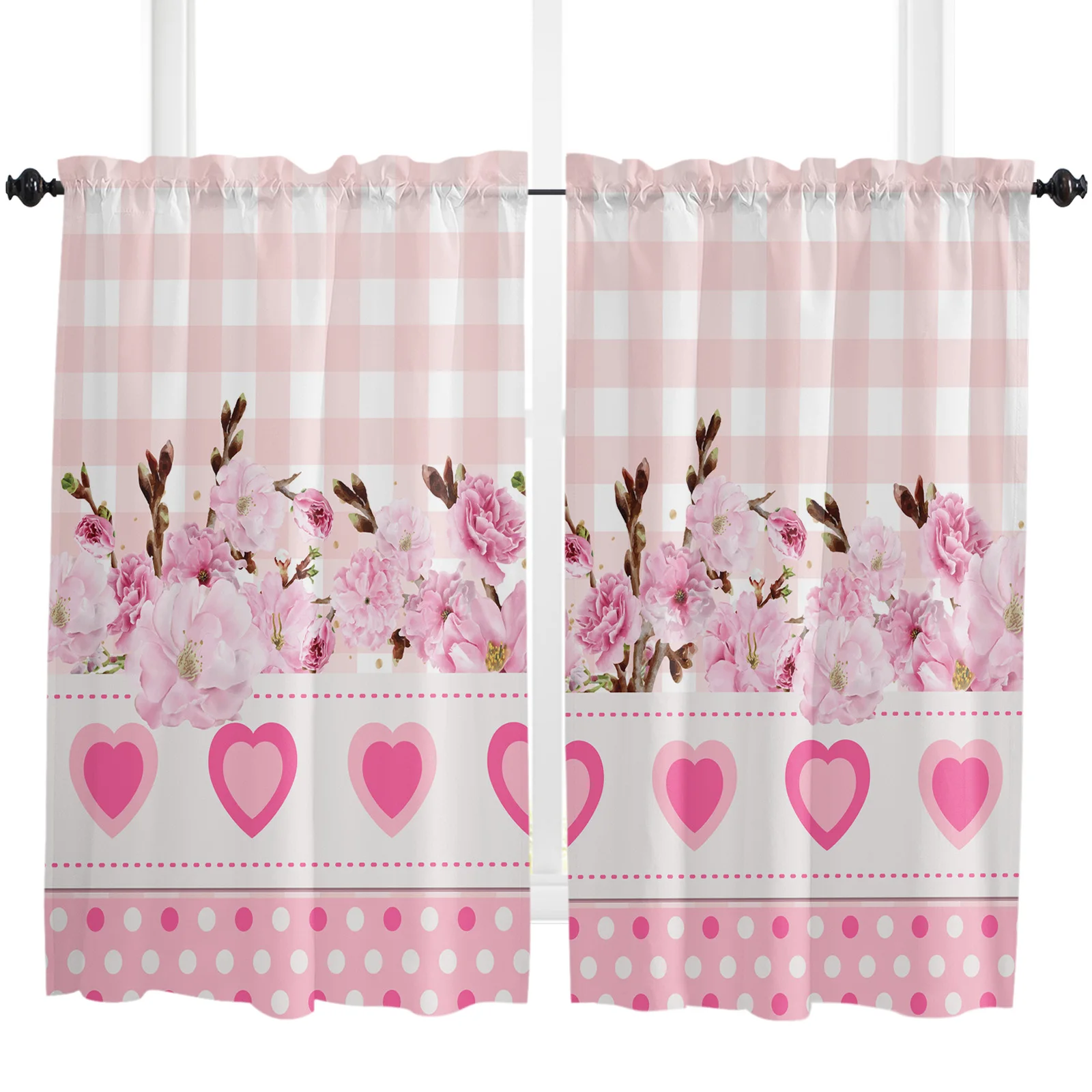 Love Flower Pink Plaid Curtains Home Decor Living Room Kitchen Balcony Room Window Curtain Bedroom Patio Decoration