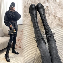 Flat Half High Boots Woman Winter 2024 Genuine Leather High Quality Chunky Platform Gothic Y2k Black Long Shoes For Women Trend